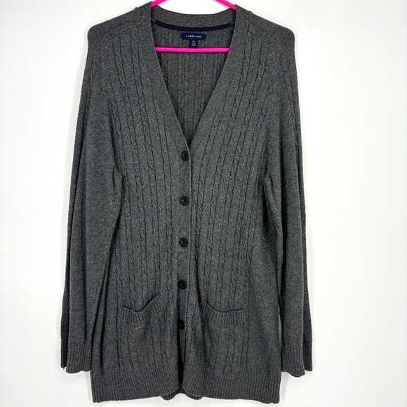 Lands' End Womens XL Button Front Cardigan Sweater Heather Gray Cable Knit LS - Picture 1 of 11